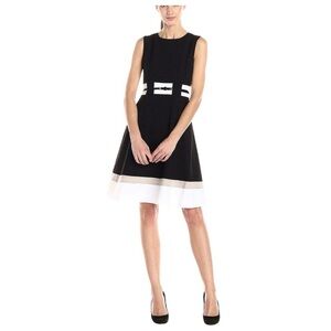 Calvin Klein Black&White Fit&Flare Dress Sleeveless Belted Knee Length Women 8P